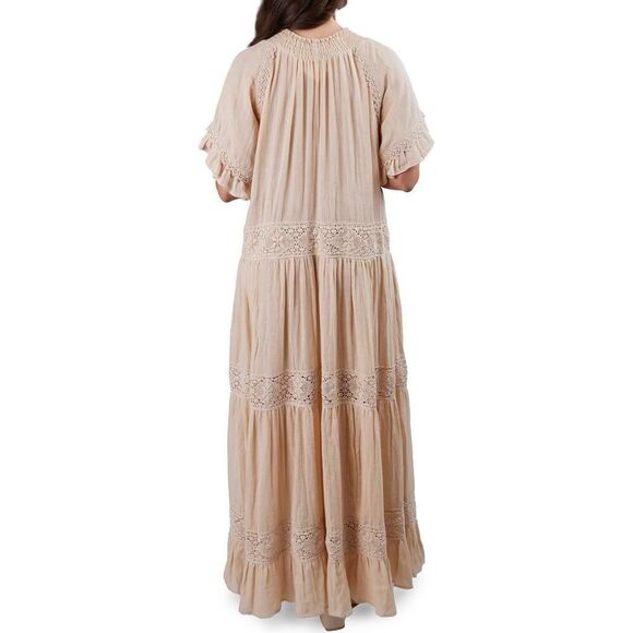 Saachi Women's Beige Tiered Lace Trim Long Kaftan Dress One Size NWOT - Picture 2 of 10